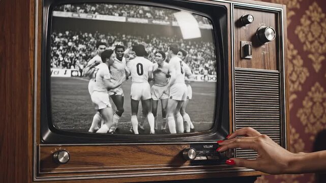 Vintage TV showing soccer team celebration