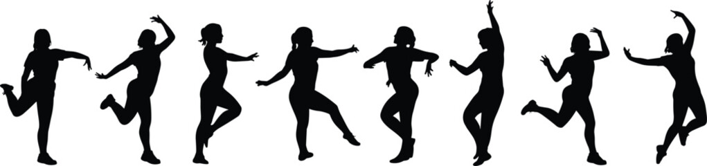 Female dancer silhouettes, women dancing, graceful movement, expressive pose, modern dance vector, black silhouette, isolated illustration, fitness activity, jumping women, stylish choreography
