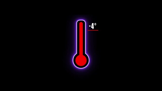 Glowing red thermometer displaying -4 degrees on black background with neon effect temperature cold weather