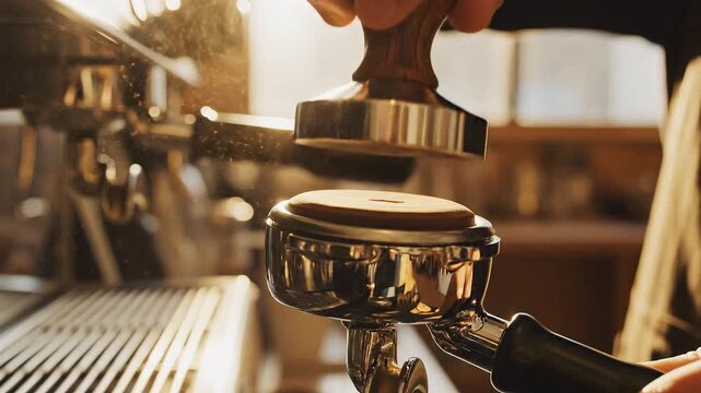 Barista Tamping Fresh Ground Coffee in Portafilter