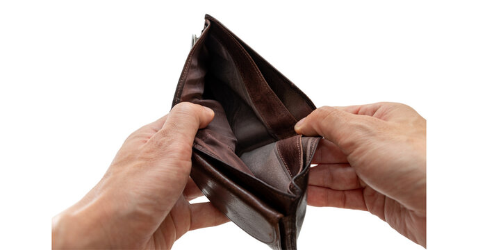 Hands are opening an empty brown leather wallet against a transparent  background.