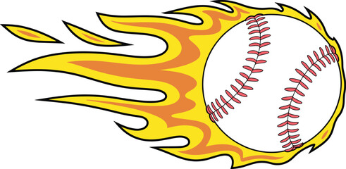 Flaming baseball vector illustration, fast pitch graphic, sports fireball icon, baseball with flames, dynamic motion effect for design projects