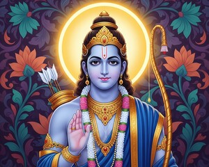 Fototapeta premium Shree Ram Royal Calm Authority Devotional Illustration with Halo, Divine Hindu Art