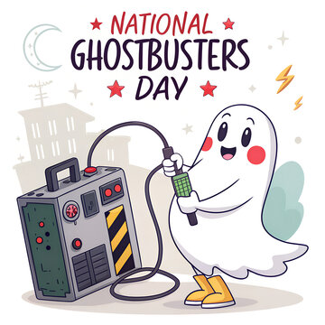 National Ghostbusters Day Celebration Design, Ghostbusters Tribute Poster Illustration, Paranormal Hunters Themed Creative Artwork, Ghostbusters Day Concept Banner, Supernatural Comedy Film Tribute