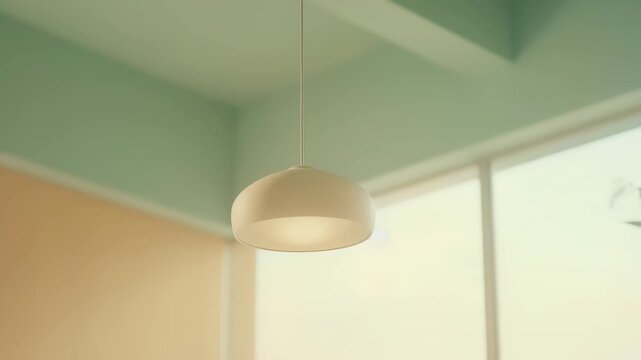 Minimalist white ceiling light fixture illuminating a brightly lit interior space with soft pastel mint green and beige walls, creating an inviting, airy, comfortable atmosphere