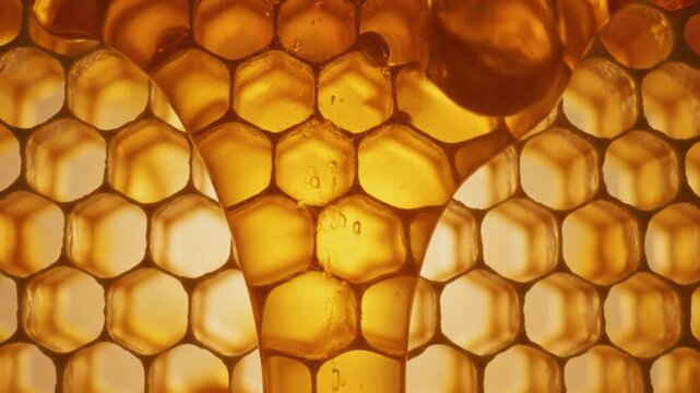 Golden Honeycomb Abstract Macro Close-up with Dripping Honey