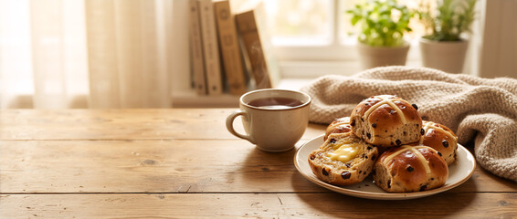Cozy Easter breakfast with hot cross buns and tea. Sliced bun with melting butter on a wooden table. Home interior with copy space