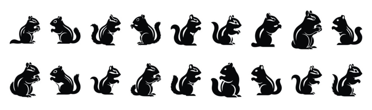 chipmunk sitting pose silhouette illustration collection. Animals drawing illustration isolated on white background.