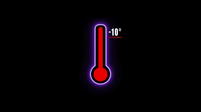 Glowing red thermometer displaying -10 degrees on black background with neon effect temperature cold weather