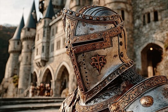 Medieval knight in steel armor against the background of castle walls. With a fierce gaze, the knight stands resolutely against the castle walls, ready to defend his realm.