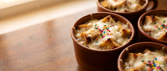 Close up of traditional Mexican capirotada bread pudding in clay pots. Easter dessert with melted cheese and colorful sprinkles on wooden table