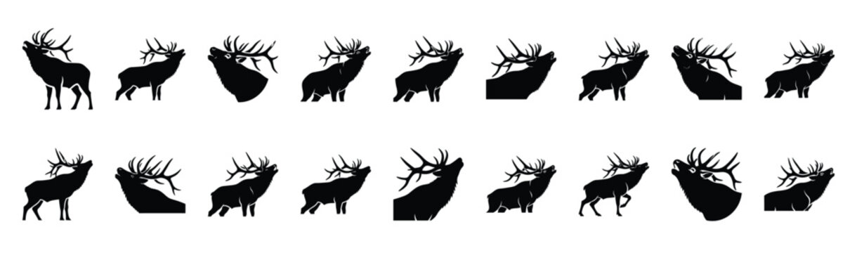 elk bugling pose silhouette illustration collection. Animals drawing illustration isolated on white background.
