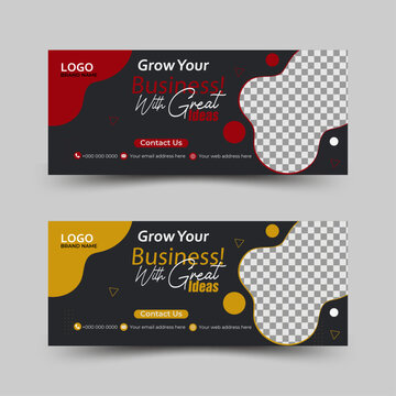 Modern Corporate Facebook Cover & Web Banner Template: Professional layout featuring a minimalist white background, vivid red geometric accents, and a designated photo placeholder.