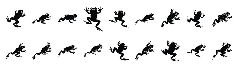 Naklejka premium frog jumping pose silhouette illustration collection. Animals drawing illustration isolated on white background.
