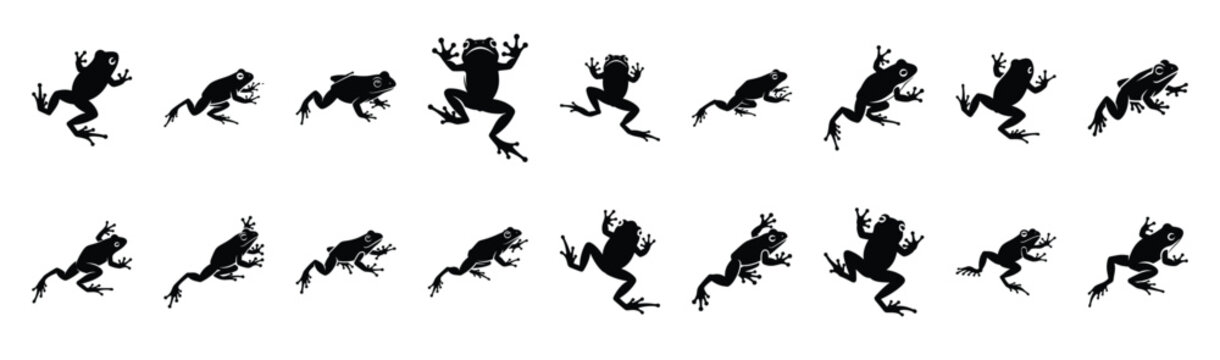 frog jumping pose silhouette illustration collection. Animals drawing illustration isolated on white background.