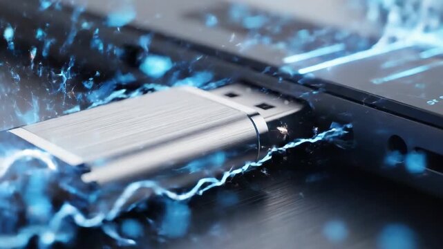 Close up macro shot of a silver U S B flash drive being inserted into a laptop port technology data transfer concept