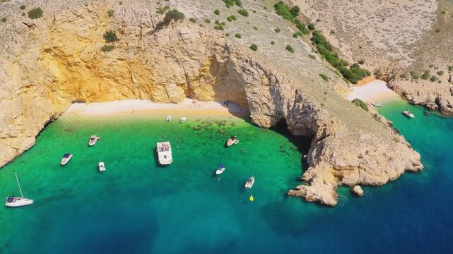 Zlata Beach and anchored boats aerial view