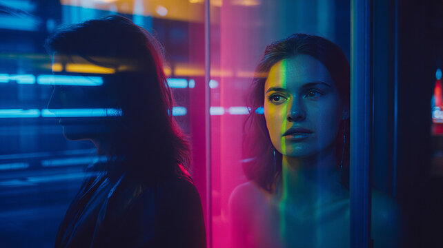 City Reflection: A contemplative individual finds themselves amidst the colorful reflections of the city lights, immersed in thought and contemplation. 