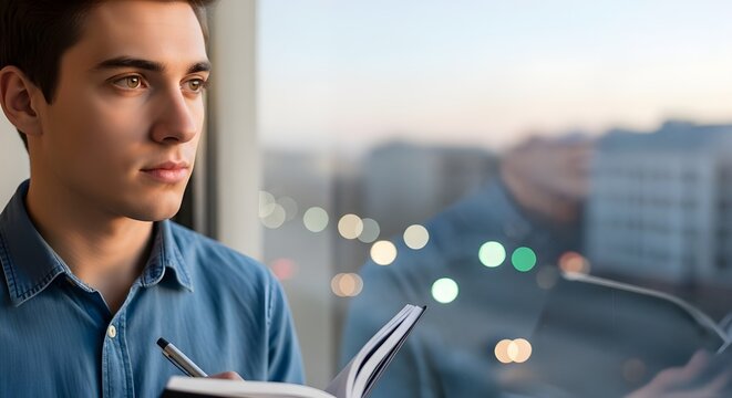 A young man in a blue shirt looking out a window with a notebook and pen, contemplating his thoughts and future