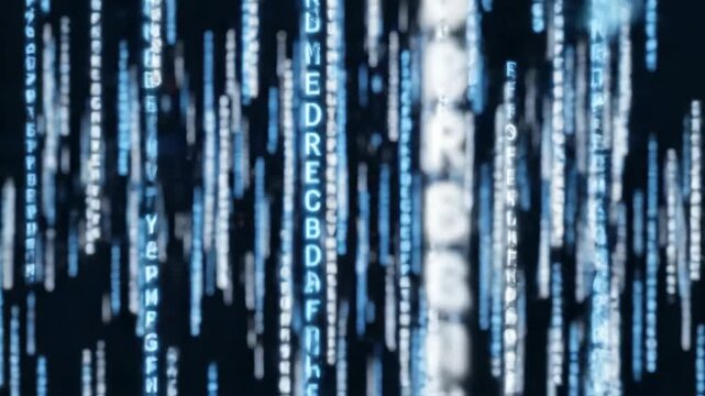 Digital rain matrix code flowing abstract technology background data stream binary code glowing blue and white characters falling on dark background futuristic cyberspace concept