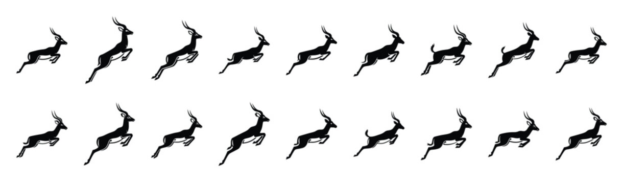 impala jumping pose silhouette illustration collection. Animals drawing illustration isolated on white background.