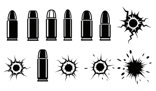 Revolver bullet and bullet hole icon set black vector isolated on transparent background