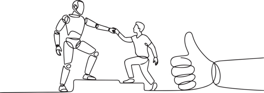 Continuous one line drawing smart robot helps colleague climb big finger gesture thumbs up. Working together towards success. Positive vibes. Cohesiveness. one line Icon drawing