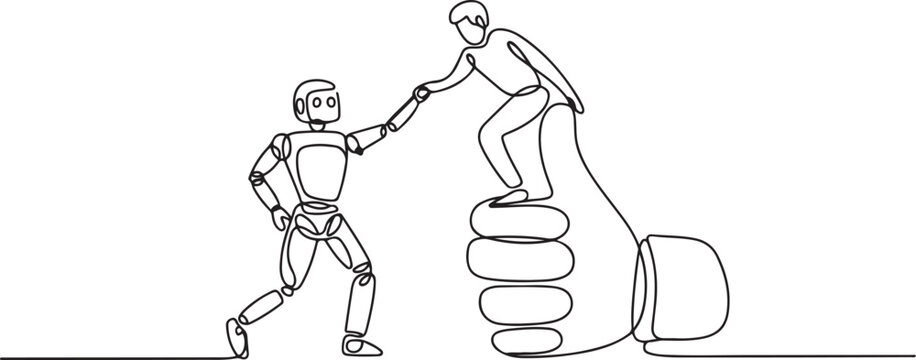 Continuous one line drawing smart robot helps colleague climb big finger gesture thumbs up. Working together towards success. Positive vibes. Cohesiveness. one line Icon drawing