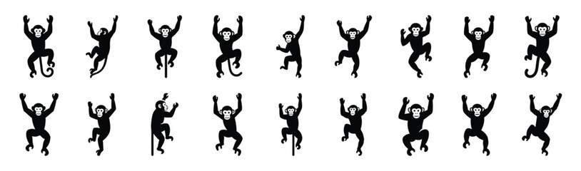 monkey climbing pose silhouette illustration collection. Animals drawing illustration isolated on white background. © Krishna
