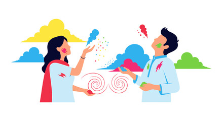 Fototapeta premium Vibrant holi celebration scene with people spraying colored powders and water, joyful and lively atmosphere