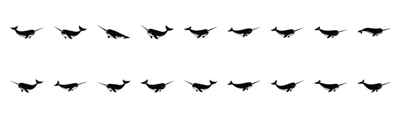 narwhal swimming pose silhouette illustration collection. Animals drawing illustration isolated on white background. © Krishna