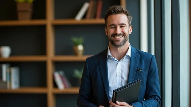 Portrait of smiling man with folder in office, space for text. Lawyer, businessman, accountant or manager.