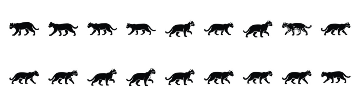 ocelot walking pose silhouette illustration collection. Animals drawing illustration isolated on white background.
