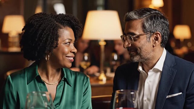 enjoying dinner at upscale restaurant, intimate conversation