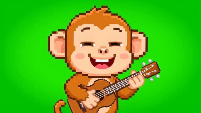 Pixel Art Monkey Playing Ukulele Green Screen Cartoon.