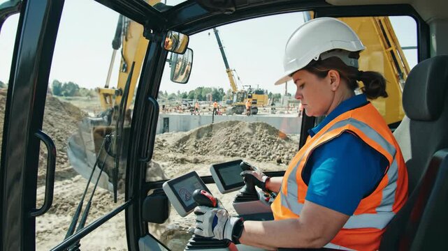 A female operator drives a heavy excavator at a construction site. Skilled woman working inside the cab controlling the machinery with joysticks