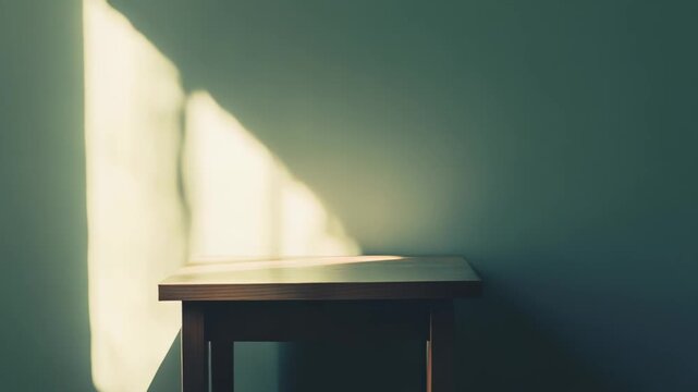 Simple wooden table stands against a plain wall, receiving natural sunlight that creates an abstract pattern of light and shadow, providing a minimalist background or copy space