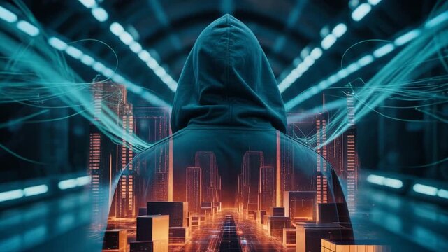 Anonymous hacker using computer network for cyber security breach concept

