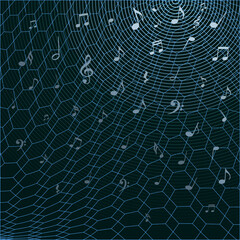 Abstract illustration of music and audio signals spreading through a digital network. Circular sound waves and musical notes represent broadcasting, streaming, radio and information flow.