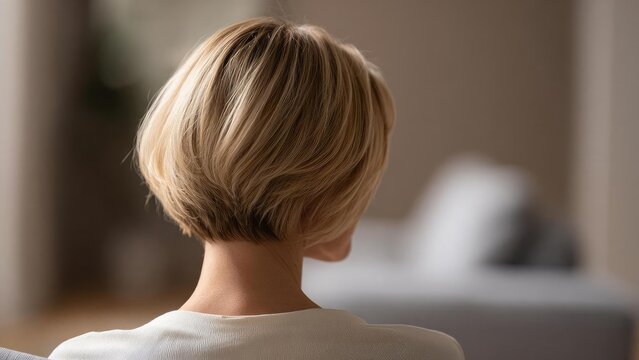 Back view of a person with a short blonde bob haircut, wearing a light top, in a softly lit room. Concept Back view portrait, short blonde bob, light top, soft room lighting, minimalist interior