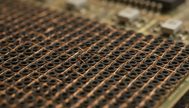 Vintage magnetic core memory macro with copper wires and ferrite rings