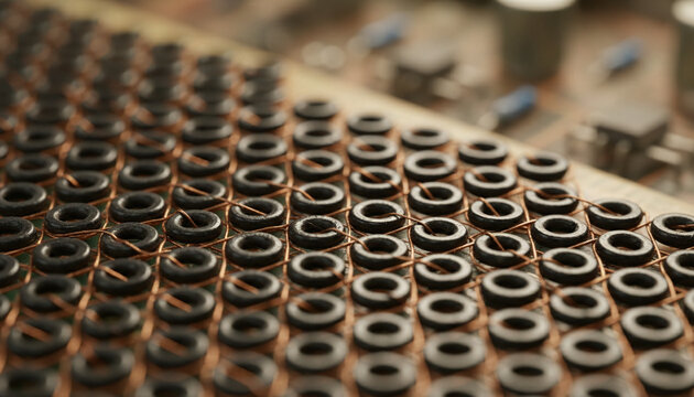 Vintage magnetic core memory macro with copper wires and ferrite rings