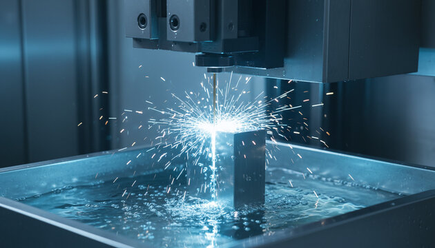 Wire EDM machining process cutting steel with sparks in dielectric fluid