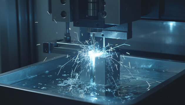 Wire EDM machining process cutting steel with sparks in dielectric fluid