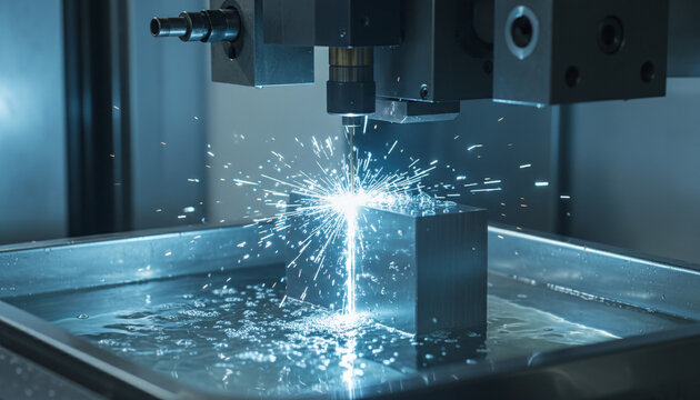 Wire EDM machining process cutting steel with sparks in dielectric fluid