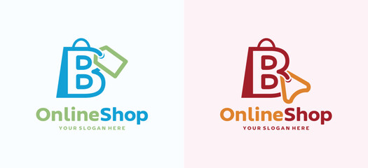 Modern letter B logo formed as shopping bag with price tag and cursor. Ideal for ecommerce businesses, online retail shops, startups, and digital branding projects. © SURYANI