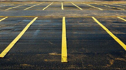 An empty asphalt parking lot with bright yellow painted lines stretching into the distance
