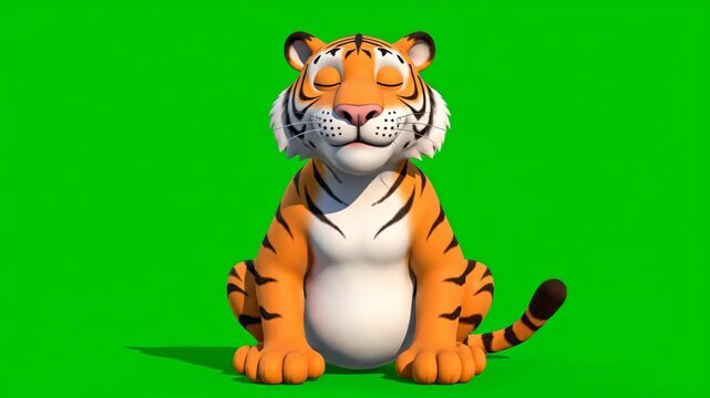 Animated Cartoon Tiger with Orange and Black Stripes Sitting on Green Background in Bright Sunlight