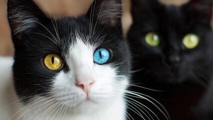 A close-up of two cats: a black-and-white cat with blue and gold eyes beside a black cat with green eyes. Concept Close-Up Cat Portrait, Black-and-White Cat, Blue and Gold Eyes, Green-Eyed Cat