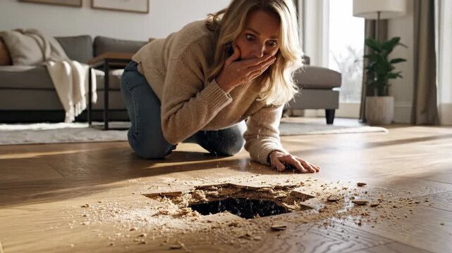 Woman discovers severe wood floor damage and a large hole. Homeowner in shock from termite infestation or rot. Unexpected property repair problem